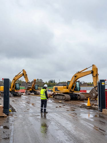 Wide environmental shot of a Dutch construction site under overcast daylight, a worker in high-visibility vest and hard hat managing site entry at a gate, heavy machinery visible in the background, wet ground reflecting sky, no posed elements
