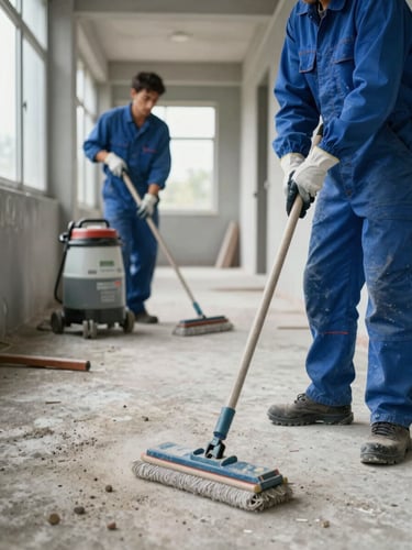 Environmental frame: two workers in blue overalls and protective gloves cleaning a construction corridor, mops and industrial cleaning equipment visible, concrete floor with dust and debris, natural light from high windows, active working posture