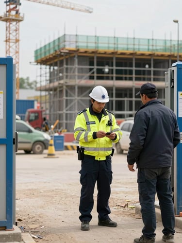 Wide shot: a site security guard in high-visibility jacket and hard hat standing at a construction site entrance gate, checking credentials of a worker arriving, busy site with scaffolding visible behind, bright overcast daylight, realistic site dust and equipment