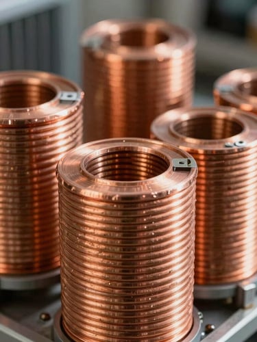 Macro photograph of clean copper coils inside a condenser unit, bright natural morning light, sharp focus on the metallic fins