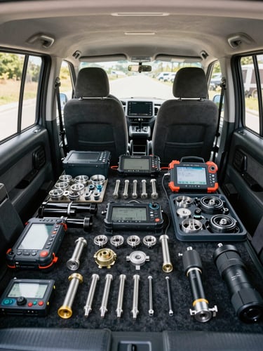 A clean, organized service vehicle interior with neatly arranged OEM parts and diagnostic equipment, natural bright light, wide-angle shot.