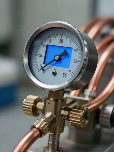 Macro close-up of a digital manifold gauge connected to copper refrigerant lines, crisp focus on the glowing blue screen, clean workshop lighting.