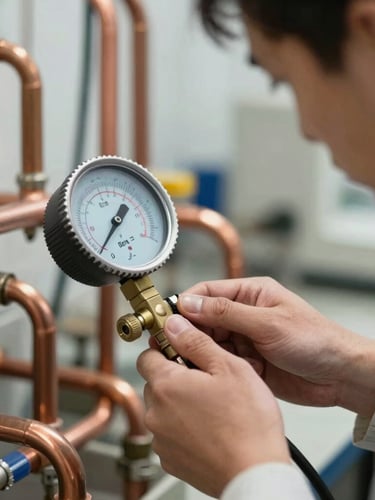 Wide-angle, clean macro shot of a technician using a digital manifold gauge on copper cooling lines, bright natural lighting, focused on the technical work.