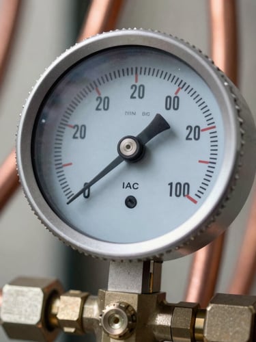 Macro shot of a digital manifold gauge measuring refrigerant pressure on copper cooling lines, bright natural light, sharp focus.