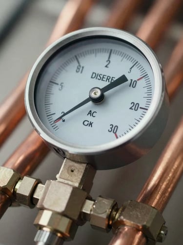 Macro photograph of a digital manifold gauge connected to copper refrigerant lines, bright natural lighting, sharp focus on pressure readings.