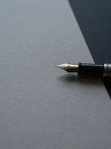 Minimalist macro shot of heavy textured paper with a fountain pen resting on it, soft overcast daylight, muted slate tones, architectural geometry