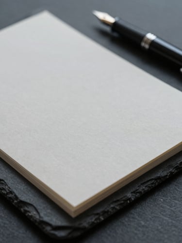 Close-up of high-quality tactile heavy paper stock and a fountain pen resting on a dark slate desk, soft diffused overcast daylight, muted tones, minimalist editorial photography.