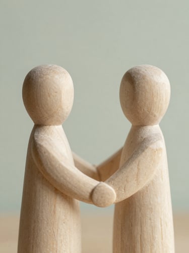 Minimalist macro photography of a hand-carved wooden abstract sculpture representing human connection, soft natural daylight, warm ivory and muted sage tones, shallow depth of field
