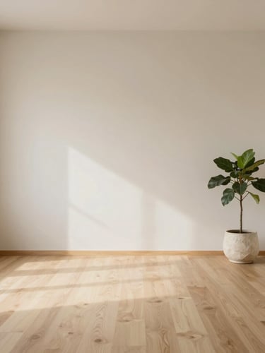 Minimalist therapeutic space, soft natural light, warm wood and stone textures, an empty, serene room with a single plant, Japandi style.