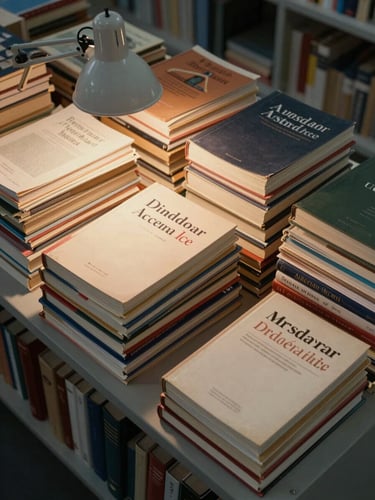 Wide overhead view of a stack of academic journals and bound manuscripts on a reading room shelf, tungsten desk lamp casting warm side-light on the spines, no people, archival and deliberate