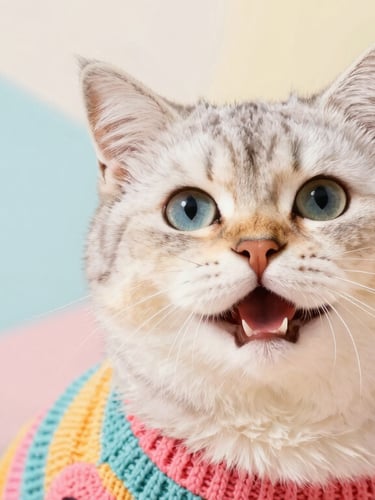 Close-up of a happy fluffy cat wearing a colorful knitted sweater, soft pastel background, warm natural lighting, shallow depth of field