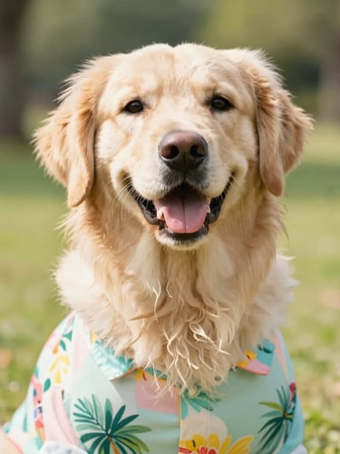 Bright eye-level portrait of a happy golden retriever wearing a colorful tropical print shirt, sunny outdoor park setting, warm high-key daylight, 35mm
