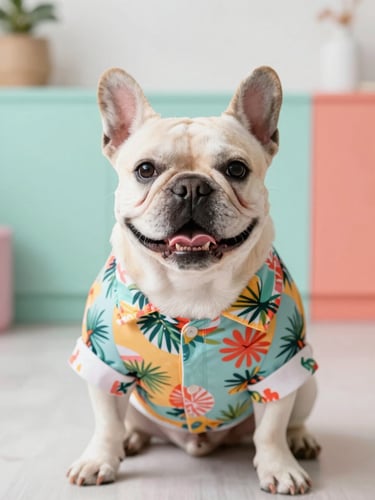 A happy French Bulldog wearing a colorful handmade tropical shirt, sitting in a bright sunlit room with pastel mint and coral color blocks, eye-level portrait, shallow depth of field, 35mm.