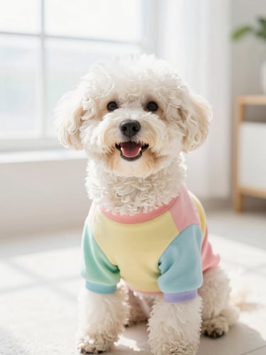 A happy fluffy dog wearing a colorful custom-fit shirt sitting in a bright room, natural daylight, soft pastel colors, eye-level portrait, shallow depth of field