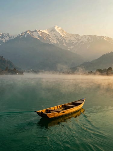 A solitary wooden shikara gliding on the misty, emerald waters of Dal Lake at sunrise, majestic snow-capped Himalayan peaks in the far background, 35mm lens, cinematic travel photography.