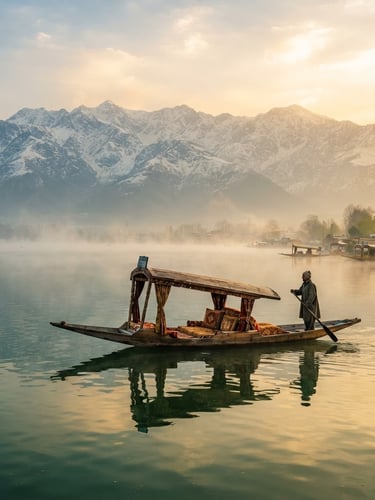 Solitary wooden shikara gliding on misty Dal Lake at golden hour, soft morning fog rising from the water, majestic snow-capped mountains in the distant background, cinematic travel photography, 35mm lens