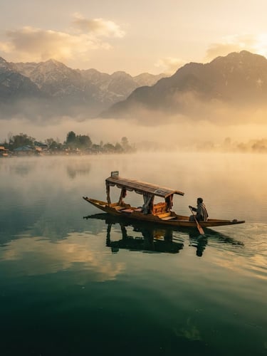 Cinematic wide-angle view of a single wooden shikara gliding on misty Dal Lake at golden hour, deep emerald water, majestic Himalayan peaks in the background, 35mm lens.