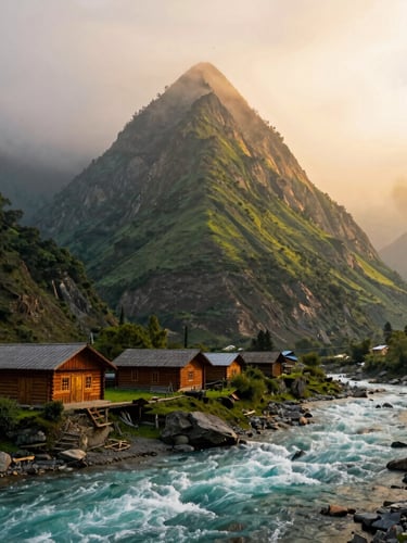 Dramatic pyramid-shaped mountain of Habba Khatoon towering over a rushing turquoise river, traditional wooden log cabins in the valley below.