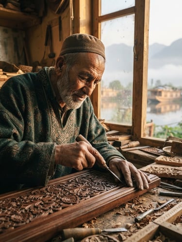 A close-up portrait of an elderly Kashmiri craftsman carving intricate cedar wood patterns in a sunlit workshop, soft morning mist visible through the window, 35mm lens, golden hour.