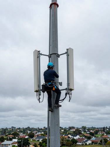Wide environmental shot from below looking up at a telecommunications tower, technician in Tiffany Blue hard hat secured on a crossbar mid-climb, overcast sky filling the upper frame, fiber conduit runs visible along the tower leg, suburban landscape visible at the base showing geographic scale