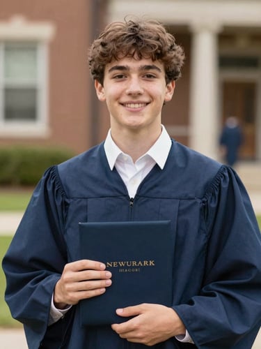 A local Newark high school student holding a diploma, smiling warmly in natural daylight, with soft gold and navy tones, warm editorial photography, shallow depth of field.