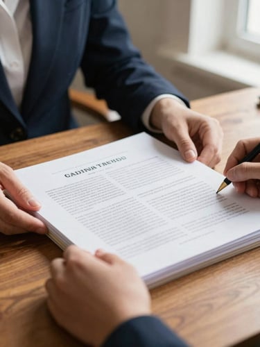A close-up of hands organizing historical documents and scholarship applications on a warm wooden table, soft window light, warm editorial photography, rich authentic tones.