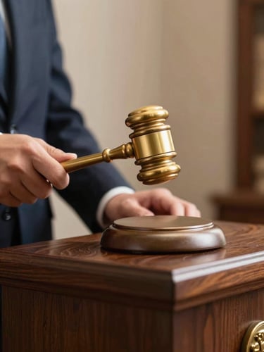 A close-up photograph of hands holding a golden ceremonial gavel on a dark wooden podium, warm natural light from the side.