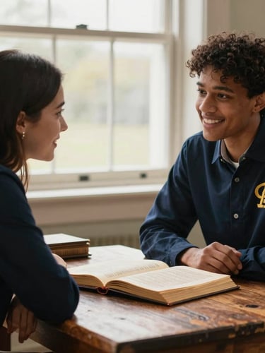Warm editorial photography of two diverse chapter members conversing over a rustic wooden table, soft natural window light, a historic ledger book open, genuine smiles, rich authentic tones, shallow depth of field.