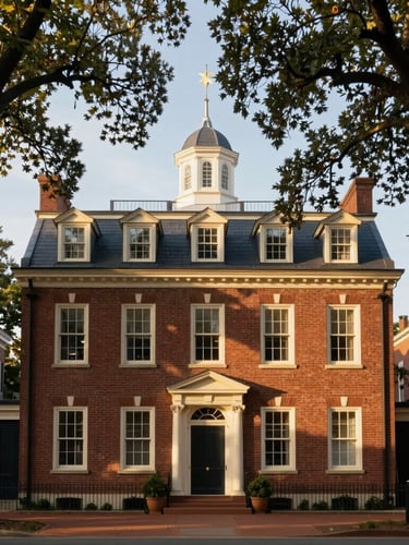 A historic brick building in Newark, Delaware, framed by mature oak trees in soft afternoon sunlight, elegant archival feel.