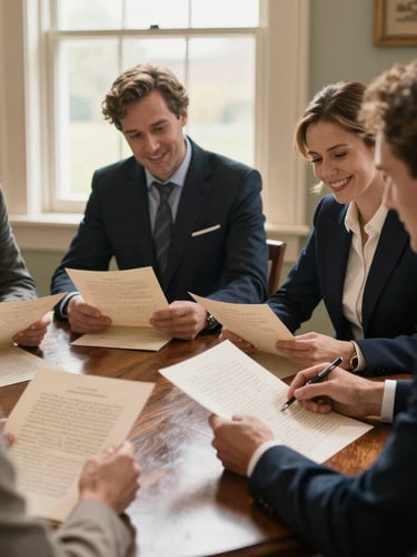 Warm natural window light illuminating members gathered around a dark oak table, reviewing historical chapter documents with genuine smiles.
