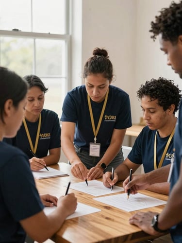 Warm editorial photography of diverse adults gathered around a wooden table planning a community service project, soft window light, deep navy and gold accents