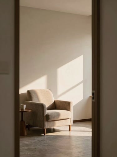 Wide environmental shot of a quiet therapy room from the doorway threshold, warm afternoon light falling across an empty armchair to the left third of the frame, a small side table with a ceramic cup visible, soft shadows on the wall, no people, calm and unhurried