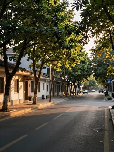 Wide environmental shot looking along a quiet tree-lined urban street at golden hour, warm afternoon light filtering through foliage onto a low-rise building facade, calm and inviting, no people visible, soft depth of field