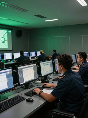 Wide cinematic shot of a modern security control center in Quito, emerald green ambient light from screens reflecting on dark clean surfaces, disciplined operator in executive uniform in the right third.