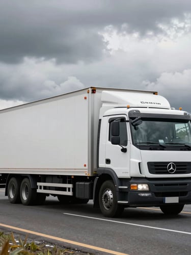 Wide cinematic shot of a secure logistics truck driving on an Ecuadorian highway under dramatic overcast daylight, high-contrast lighting.