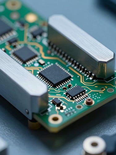 Macro photography of a ruggedized military-grade PCB assembly, green and gold traces, heavy aluminum enclosure, cool metallic laboratory lighting
