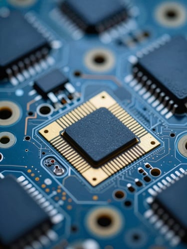 Macro shot of a ruggedized PCB assembly with gold-plated traces, high-contrast technical lighting, metallic and deep blue tones, macro depth of field.