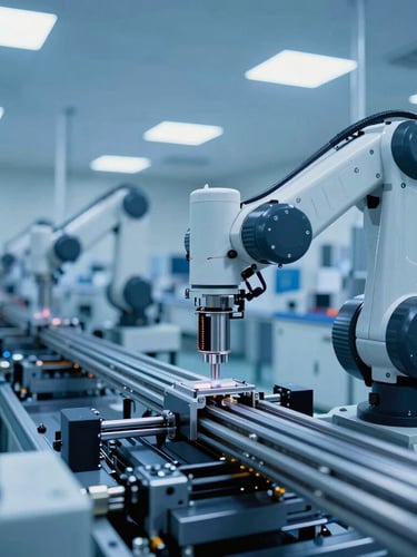 Wide-angle cleanroom manufacturing facility in Dubai, technical cool blue lighting, robotic SMT assembly line, high-precision atmosphere.