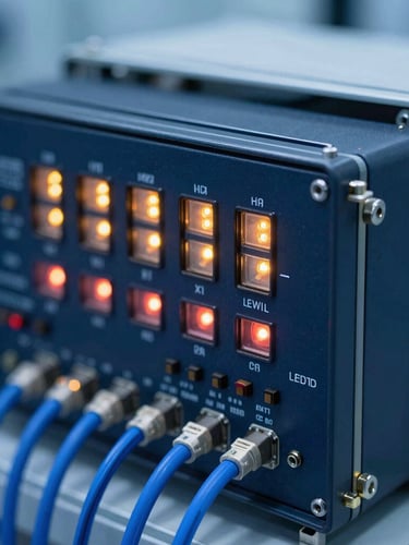 Close-up of an aerospace electronics testing rack in a cleanroom, glowing LED indicators, blue wire bundles, high-contrast technical lighting