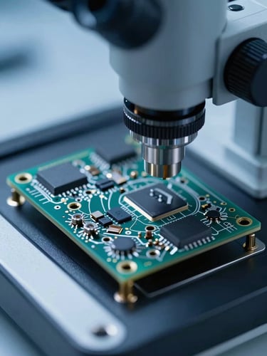 Macro shot of a high-precision PCB assembly under a microscope in a cleanroom laboratory, cool metallic tones, sharp technical focus