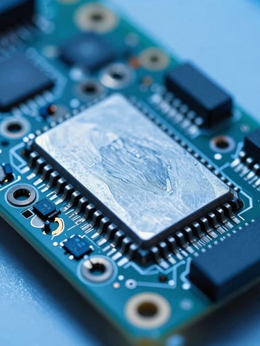 Macro shot of a ruggedized PCB assembly with metallic shielding, cool blue laboratory lighting, high-contrast technical details, shallow depth of field