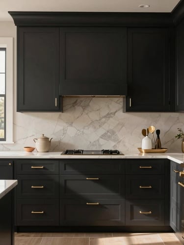 Straight-on editorial architectural photograph of a luxury kitchen in Lake Oswego, soft morning light reflecting off pristine matte black cabinets, champagne gold hardware detail, high-end interior design