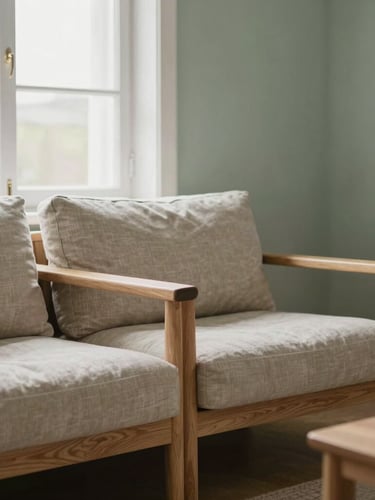 A light-flooded Scandinavian living room with soft oak furniture, linen fabrics, and a subtle sage green accent wall, soft natural window daylight, 35mm photography