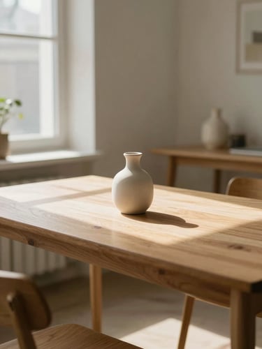 A bright, sun-drenched Scandinavian workspace with oak tables, soft daylight casting shadows, minimal ceramic vase, warm editorial photography, 35mm