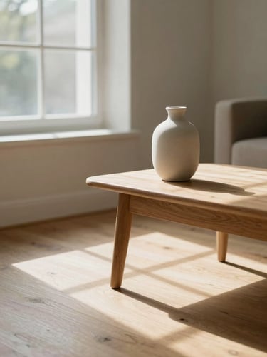 Warm editorial photograph of a sun-drenched Scandinavian living room, soft natural window light casting delicate shadows on light oak flooring, minimalist ceramic vase on a low timber table, 35mm.