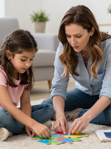 Close environmental shot inside a Tri-Cities home, a therapist seated at floor level beside a young child working on a simple puzzle, soft afternoon light through a window to the left, warm wood flooring, unhurried and genuine moment