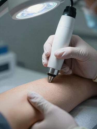 Close-up of gloved hands using a dermoscopy instrument on a patient's forearm under cool clinical LED lighting, precise focus on the instrument tip against skin