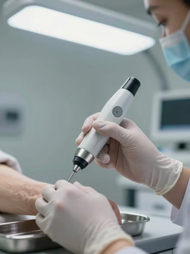 Close-up of a clinician's gloved hands holding a dermoscopy instrument over a patient's forearm in a bright clinical exam room, cool overhead LED lighting, stainless instrument tray visible at the edge of frame