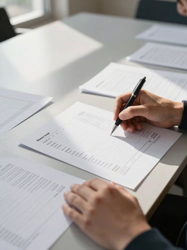 Close-up of hands turning pages of printed invoice documents on a wide conference table, natural window light falling across the papers from the left, a pen resting mid-notation, scattered columns of figures visible