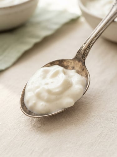 Macro shot of thick, velvety probiotic yogurt on a vintage silver spoon, soft morning light, cream background, shallow depth of field